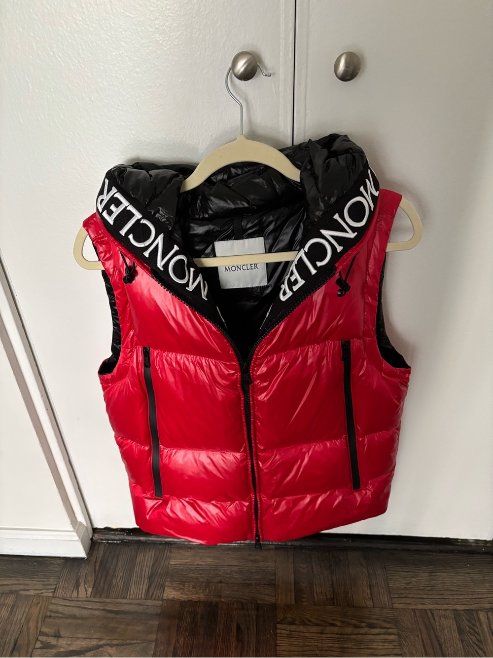 Moncler Red and Black Quilted Down Vest with Hood